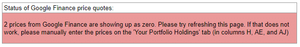 Error message when Google Finance quotes are not working