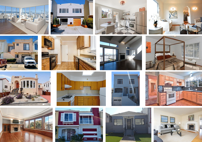 Rent or buy in San Francisco collage. Pictures of home interiors and exteriors.