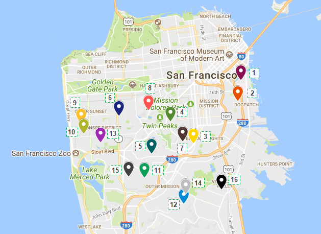 Rent or buy in San Francisco map. View of where the 16 homes are located.