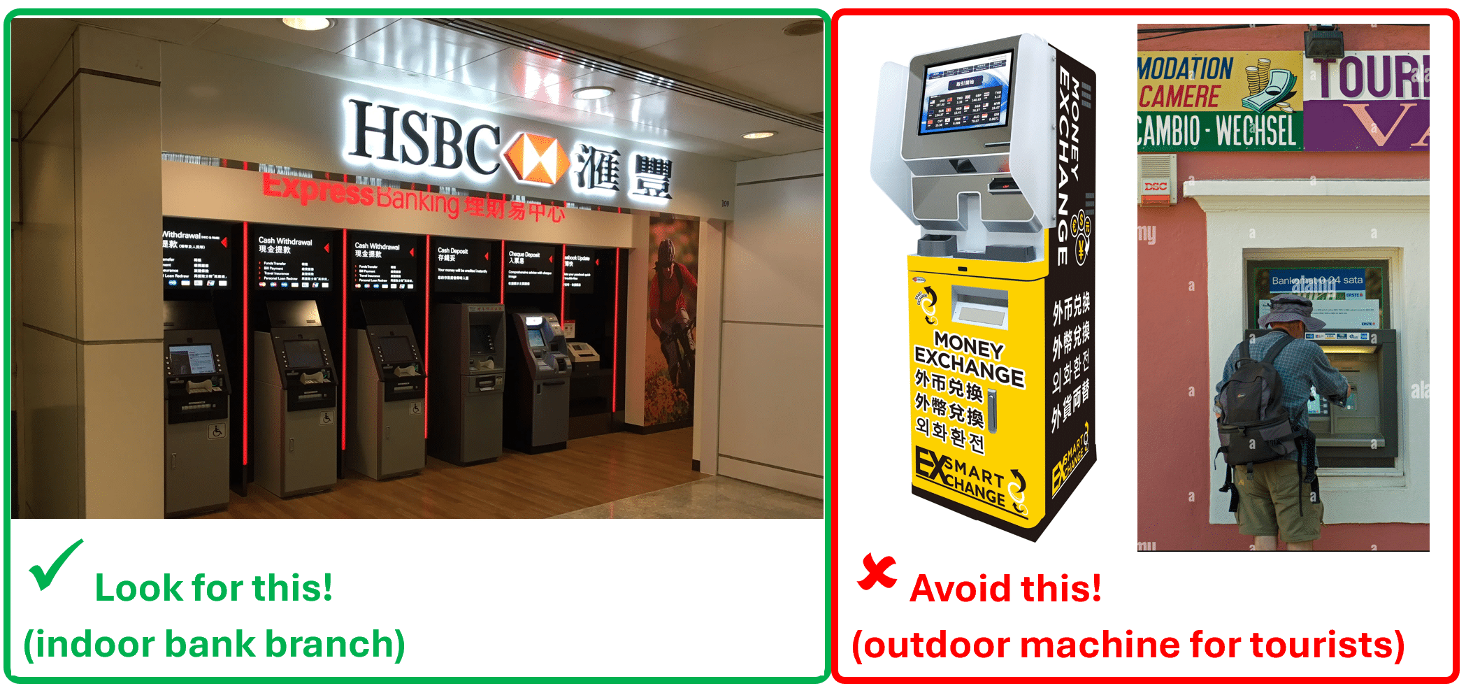 Image showing the best practice for international ATM withdrawals -- use an indoor bank branch instead of an outdoor machine for tourists